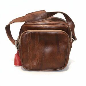 Vintage 1960s MIT Small Brown Leather Messenger/Shoulder Travel Bag